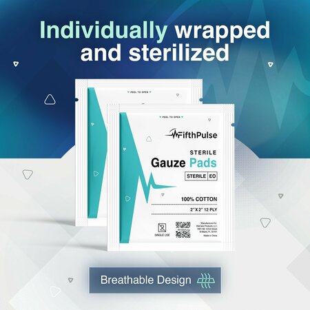 Fifthpulse Sterile Gauze Pads 2 in. x 2 in. Individually Packed Pouches, 100% Cotton, 50PK FMN100651